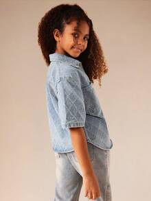 SUMWON Tween Quilted Diamond Denim Button Front Short Sleeve Oversized Shirt For Summer Fall Casual Streetwear - Light Wash - View 5