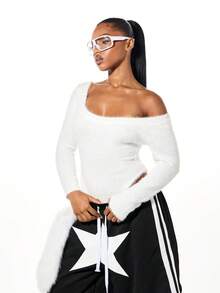 SUMWON WOMEN Fluffy Knit Scoop Neck Long Sleeve Bodysuit Fall Winter Cozy Sweater Top