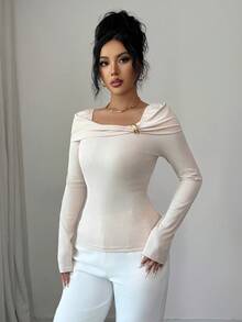 Elenzga Femmes Élégant Abricot Épaule Oblique Tricot Manches Longues Ajusté Mode T-Shirt, Convient pour l'automne, l'hiver, Thanksgiving, Soirée Élégante, Noël, Nouvel An - Nude - Voir 5