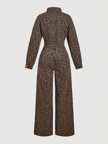 SHEIN Frenchy 时尚复古豹纹长袖女式牛仔连体裤 - 棕色 - 查看 2