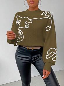 SHEIN LUNE Women's Contrast Color Pattern Turtleneck Long Sleeve Sweater - Dark Green - View 5