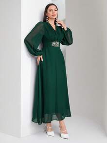 Modelyn Rhinestone Detail Lantern Sleeve Rhinestone Detail Dress Long Evening Dresses - Dark Green - View 3