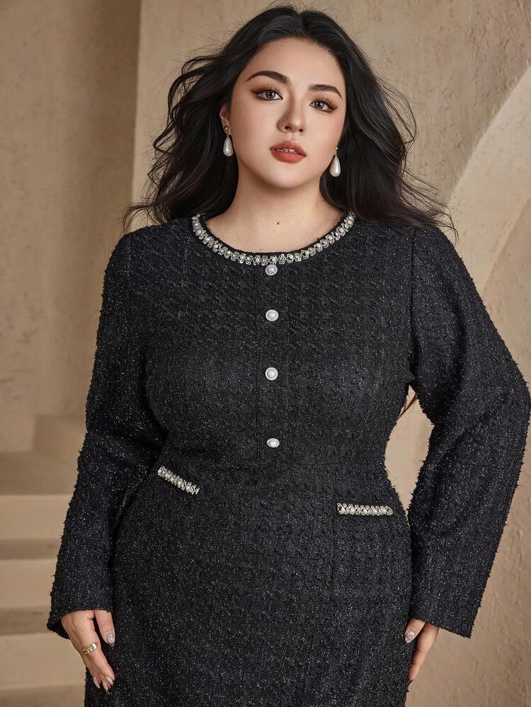 Dazy Plus Plus Size Rhinestone Decor Fitted Elegant Long Party/Date Dress For Women, Autumn/Winter Dress