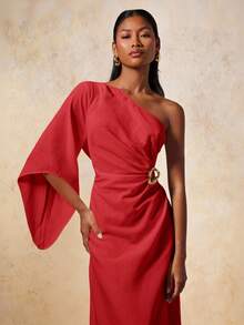 COSMINA 女士优雅金属扣不对称连衣裙 - 紅色 - 查看 7