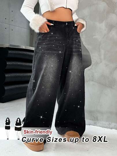 SHEIN CURVE+ Calça jeans feminina plus size, cintura alta, strass, perna larga, solta, casual