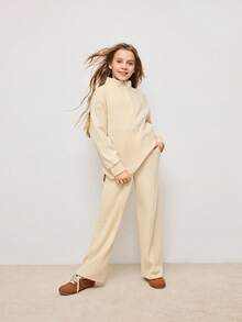 Tween Girls Casual Everyday Commute Simple Solid Color Ribbed Drop Shoulder Loose Half Zip Collared Hoodie And Straight Leg Sweatpants Set, Autumn - Khaki - View 3