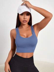 Gameset SHEIN Sport 女士方领简约纯色无缝可拆卸衬垫运动文胸 - 藍色 - 查看 4