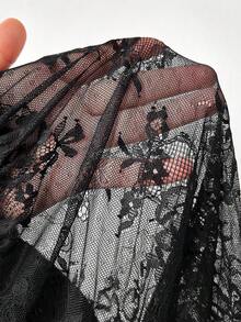 Viva Relle 大码女式垂坠领长袖缎面蕾丝拼布镂空中长款 A 字黑腰连衣裙，优雅复古休闲派对长裙 - 黑色 - 查看 12