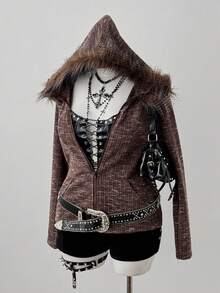 Sunspun Áo nỉ len lông thú giả có mũ trùm đầu cỡ lớn màu nâu, mặc đi chơi ngoài trời, thanh lịch, dự tiệc, thu/đông - màu nâu - Xem 5