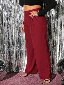 SHEIN SXY 大码女式红色休闲宽松高腰阔腿裤，秋季 - 紅色 - 查看 5