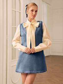 Aveloria Rosie Blue Deep V-Neck Gold Thread Woven Trim Decor Luxurious Faux Suede Party Dress, Minimalist Design, Sleeveless, Versatile