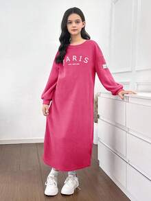 SHEIN 青少年女孩休閒保暖內裡寬鬆衛衣連身裙，粉色與白色，秋冬，學校，返校季 - 玫紅色 - 查看 3