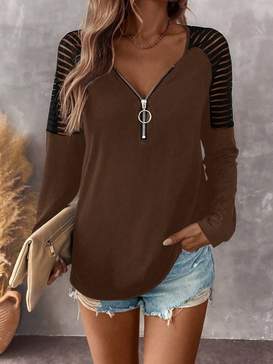 SHEIN LUNE Women's Autumn Splice Shoulder Zip V-Neck Raglan Long Sleeve Casual Knit T-Shirt - Brown - View 1