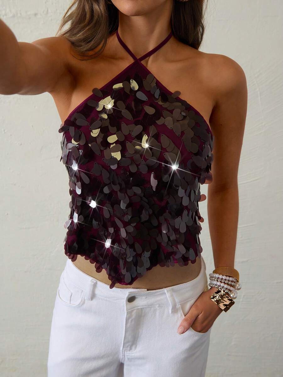 Aloruh 女士性感亮片露背吊带上衣，适合夏季海滩度假、波西米亚风热带度假、音乐会、锐舞节、乡村音乐会、伊比沙岛、纳什维尔等场合，以及西部牛仔风格活动。