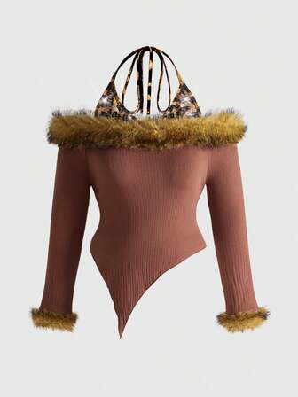 Grunge Punk Maglione oversize in maglia con stampa leopardata patchwork in stile Y2K Gyaru Harajuku, Top asimmetrico in camicetta con spalle scoperte e stampa leopardata effetto peluche in stile Y2K Grunge-Punk, Maglione oversize in maglia con stampa leopardata patchwork effetto peluche per l'autunno/inverno, Maglione oversize in maglia con stampa leopardata patchwork effetto peluche per l'autunno/inverno per donne taglie forti