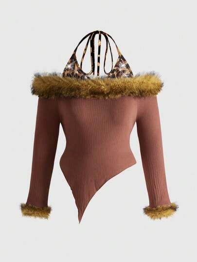 Grunge Punk Suéter de punto con estampado de leopardo de parche esponjoso de talla grande estilo Gyaru Harajuku vintage Y2K, Parte superior asimétrica de hombros descubiertos con estampado de leopardo esponjoso de estilo Grunge-Punk Y2K de talla grande, Parte superior de suéter de punto esponjoso con estampado de leopardo de parche de talla grande para otoño/invierno, Parte superior de suéter esponjoso con estampado de leopardo de parche de talla grande para otoño/invierno