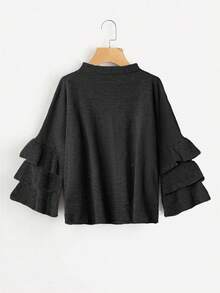 SHEIN LUNE Grey Pearl Embellished Knit Sweater With Romantic Ruffle Sleeves