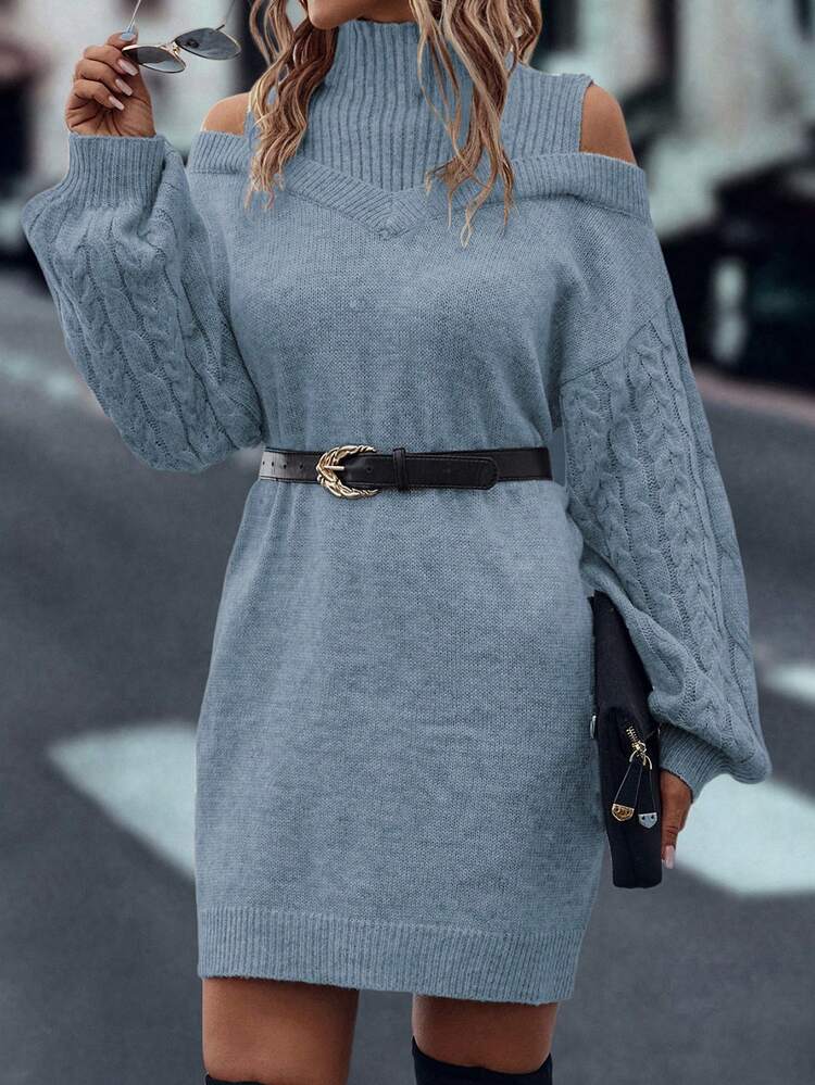 EMERY ROSE Women's Solid Color High Neck Off-Shoulder Long Sleeve Loose Lantern Sleeve Knit Sweater Dress - Dusty Blue - View 5