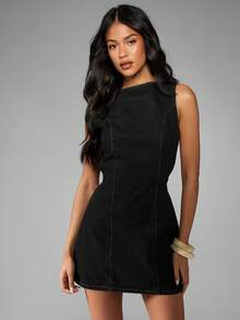 MISSGUIDED Sleeveless Rigid Denim Mini Dress With Tie Back Waist And Slashed Neck Detail For Summer Casual Occasions - Black - View 6