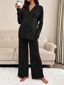 SHEIN Bộ 2 áo thun dài tay cổ ve màu trơn cho bà bầu, áo và quần dài tay cài nút đơn - màu đen - Xem 5