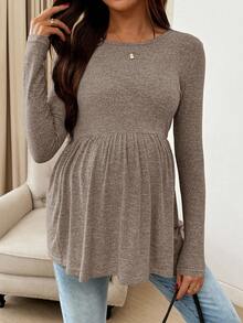 SHEIN Comfortable Khaki Maternity T-Shirt Long Sleeve Round Neck Knitted Flared Long Top - Khaki - View 3