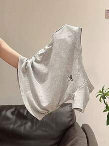 INAWLY 女式夏季新款性感不对称肩部蝴蝶结刺绣荷叶边修身T恤