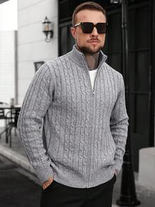 Manfinity Homme Plus Size Men's Casual Solid Color Stand Collar Cardigan, Autumn/Winter Knitted Cardigans Cable Knit Men Sweater Cardigan, Long Sleeve Top