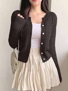 DAZY Women's Casual Solid Color Cable Knit Cardigan, Autumn - Brown - View 2