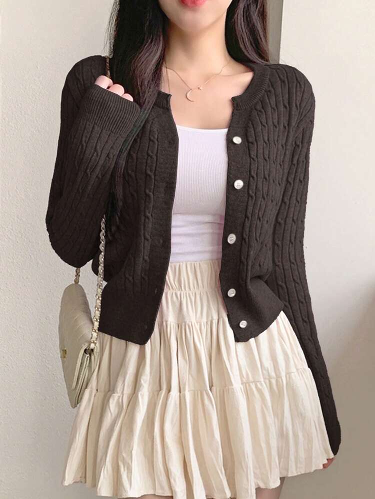 Women's Casual Solid Color Cable Knit Cardigan, Autumn