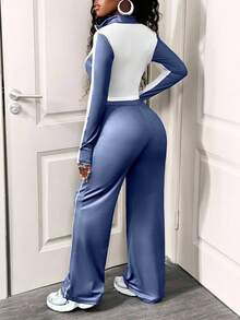 SHEIN BamGlam 女式休闲两件套，拼色设计，长袖拉链夹克和抽绳裤，秋季 - 藍白色 - 查看 2