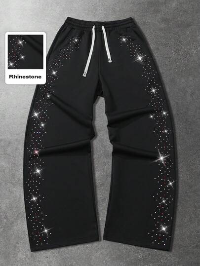 Men's Casual Fashion Street Rhinestone Drawstring Waist Loose Wide-Leg Sweatpants