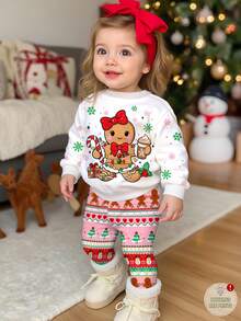 SHEIN 圣诞节可爱卡通姜饼人、雪花、铃铛、拐杖糖印花柔软厚实圆领长袖卫衣和打底裤套装，适合秋冬季女婴 - 彩色 - 查看 1