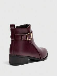 CUCCOO BIZCHIC 新款圆头防滑厚底平底女式复古踝靴，酒红色欧美风中筒靴，女式 - 酒紅色 - 查看 8