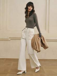 Cévolie Calça feminina folgada, casual, com bolsos bordados florais e pernas largas - Bege - Ver 4