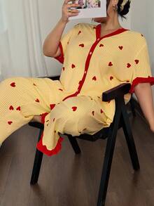 Dream Adore 条纹心形印花拼色大码睡衣套装 - 彩色 - 查看 3