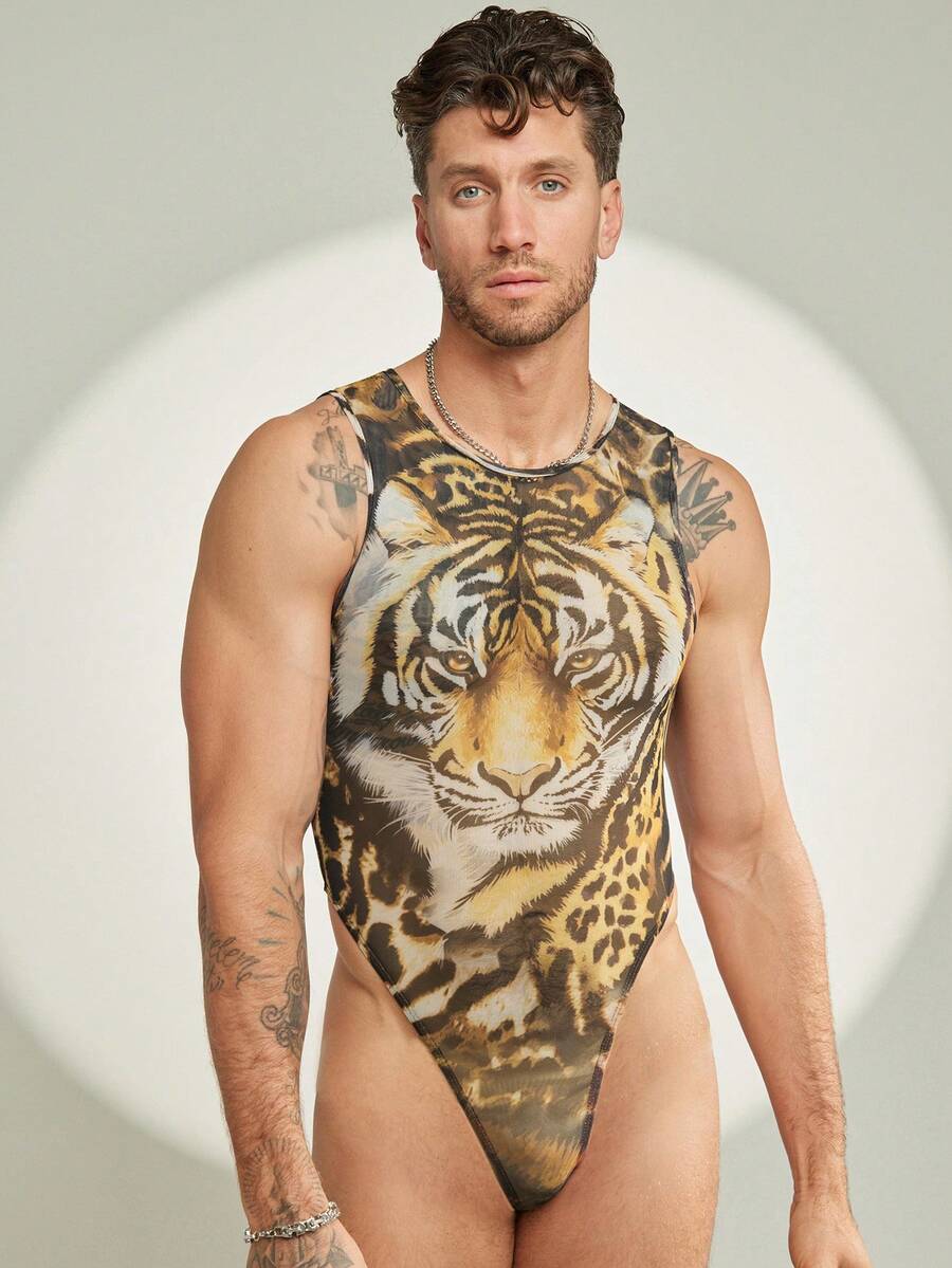 FeverCity Mono sin mangas con cuello redondo y estampado de cabeza de tigre para hombre - Multicolor - Ver 1