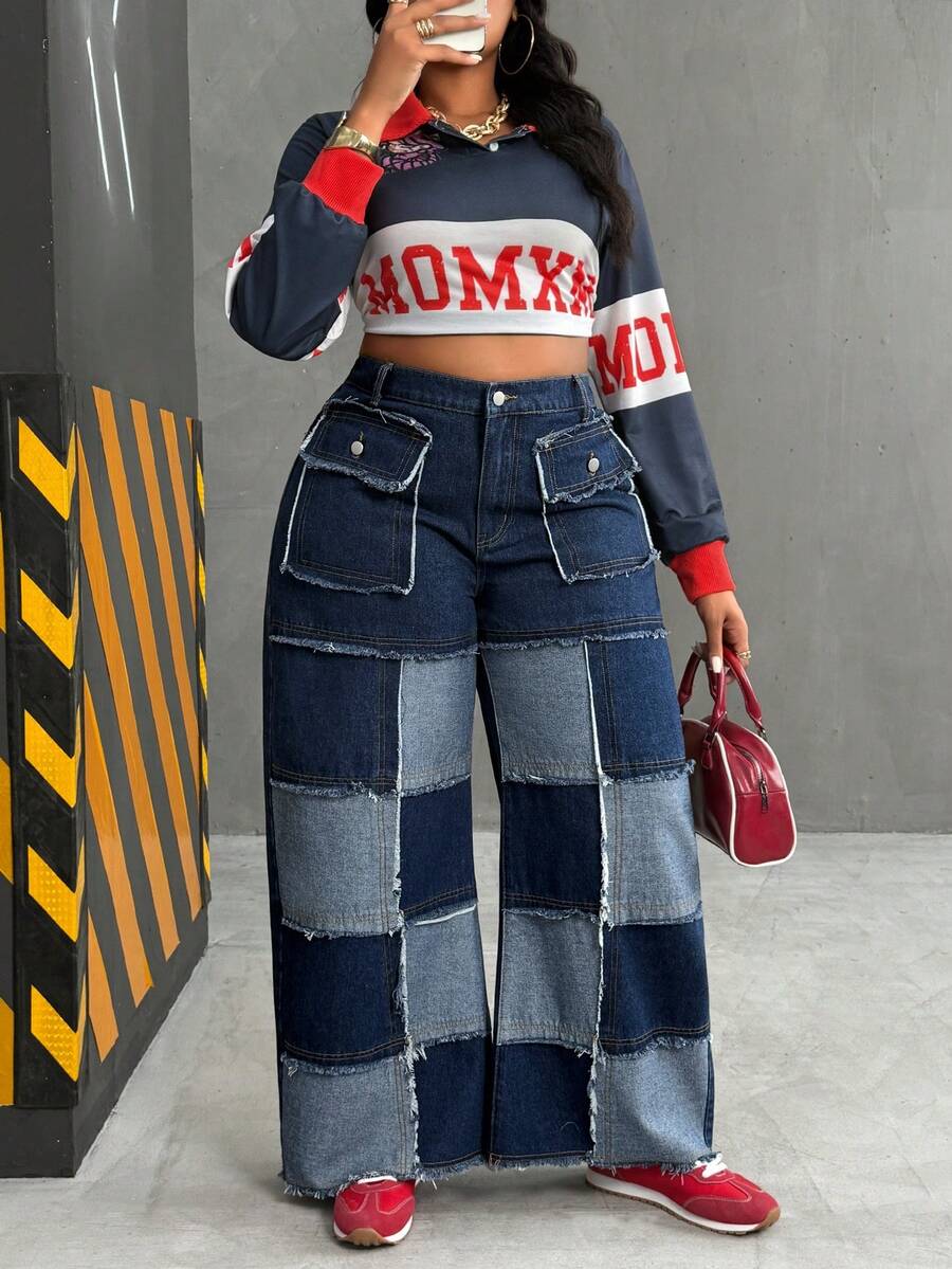 Slaydiva Quần jeans ống loe vá màu xanh không co giãn, phong cách cowgirl, cỡ lớn mùa đông cho nữ, mùa đông - Rửa tối - Xem 1
