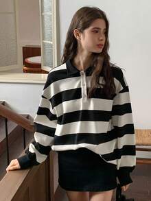 Dazy Kids 少女条纹纽扣运动衫 - 黑與白 - 查看 5