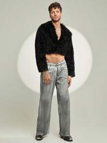 FeverCity Men's Casual Fashion Street Solid Color Fluffy Short Long Sleeve Coat - Grey - View 5