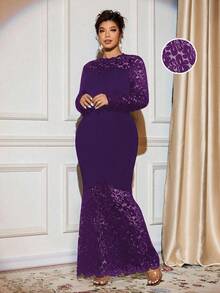 Cravure Women's Plus Size Knitted Elegant Wrap Bodycon Dress Sleeves Spliced Lace Lantern Sleeves Hem Spliced Triangle Lace Evening Dress Lace Dress Bodycon Dress - Purple - View 1