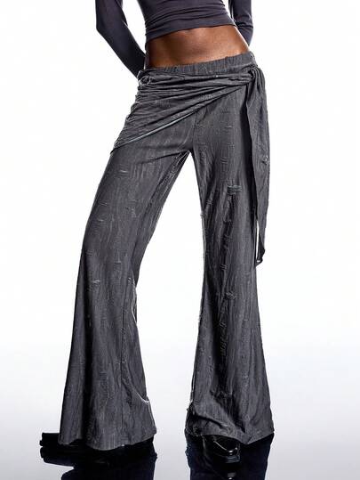 LYSMO 2025 New Arrive Minimalism Winter  Women's Casual Fashion Street Solid Color Low Waist Ripped Side Knot Flare Leg Pants