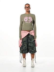 SUMWON WOMEN Varsity Number Henley Long Sleeve Crop Top With Button Placket Detail - Green - View 4