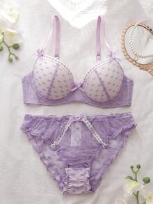 DelicateAllure Conjunto de bralette con parches de encaje de malla en forma de corazón de lavanda y decoración de lazo - Púrpura malva - Ver 1