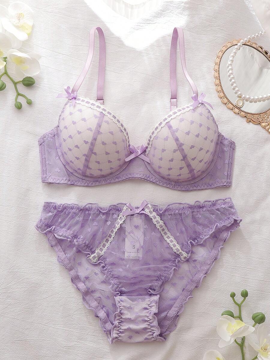 DelicateAllure Conjunto de bralette con parches de encaje de malla en forma de corazón de lavanda y decoración de lazo - Púrpura malva - Ver 1