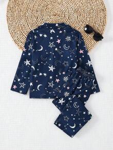 2件套男童休闲星星印花长袖睡衣套装 - 藏蓝色 - 查看 2