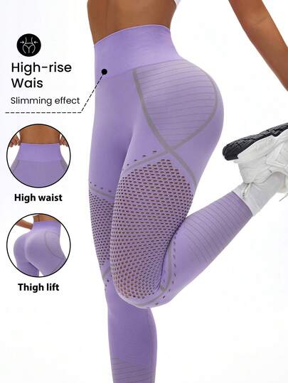 Dewbera Women's Everyday Fitness Sports Contrast Color Hollow Seamless Leggings Seamless Workout Leggings High Waist Compression Workout Tights Leggings Women Tummy Control