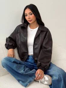SHEIN PETITE Giacca in pelle PU invecchiata da donna, adatta per l'autunno e l'inverno, casual e di aspetto elegante - Moka Marrone - Visualizzare 6