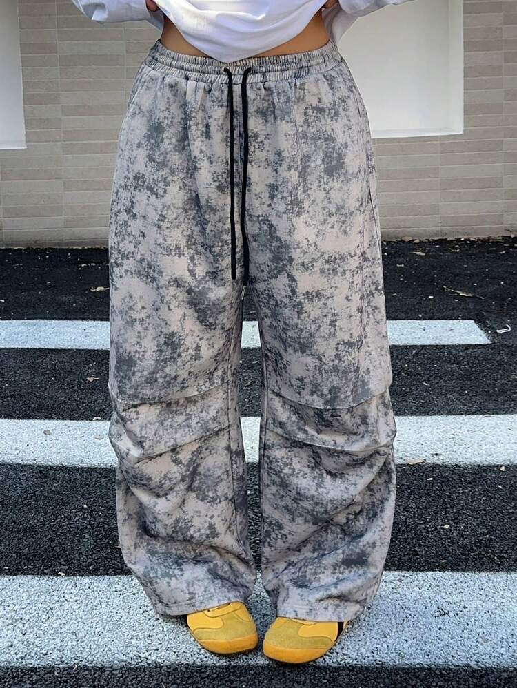 Dazy Plus Asymmetrical Tie-Dye Elastic Waist Drawstring Loose Street Style Plus Size Women Pleated Long Sweatpants