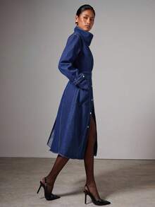 COSMINA 女式休闲前扣立领牛仔夹克，秋季 - 藏蓝色 - 查看 6