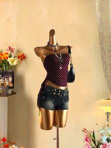 SHEIN EZwear Women's Casual Drawstring Tie-Front Cropped Tube Top - Burgundy - View 3